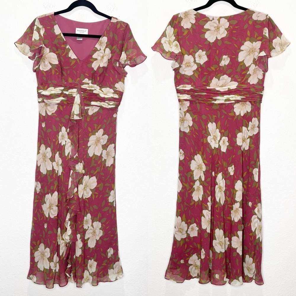 Adrianna Papell Vintage 100% Silk Floral Ruffle Empire Waist Fairy Midi Dress